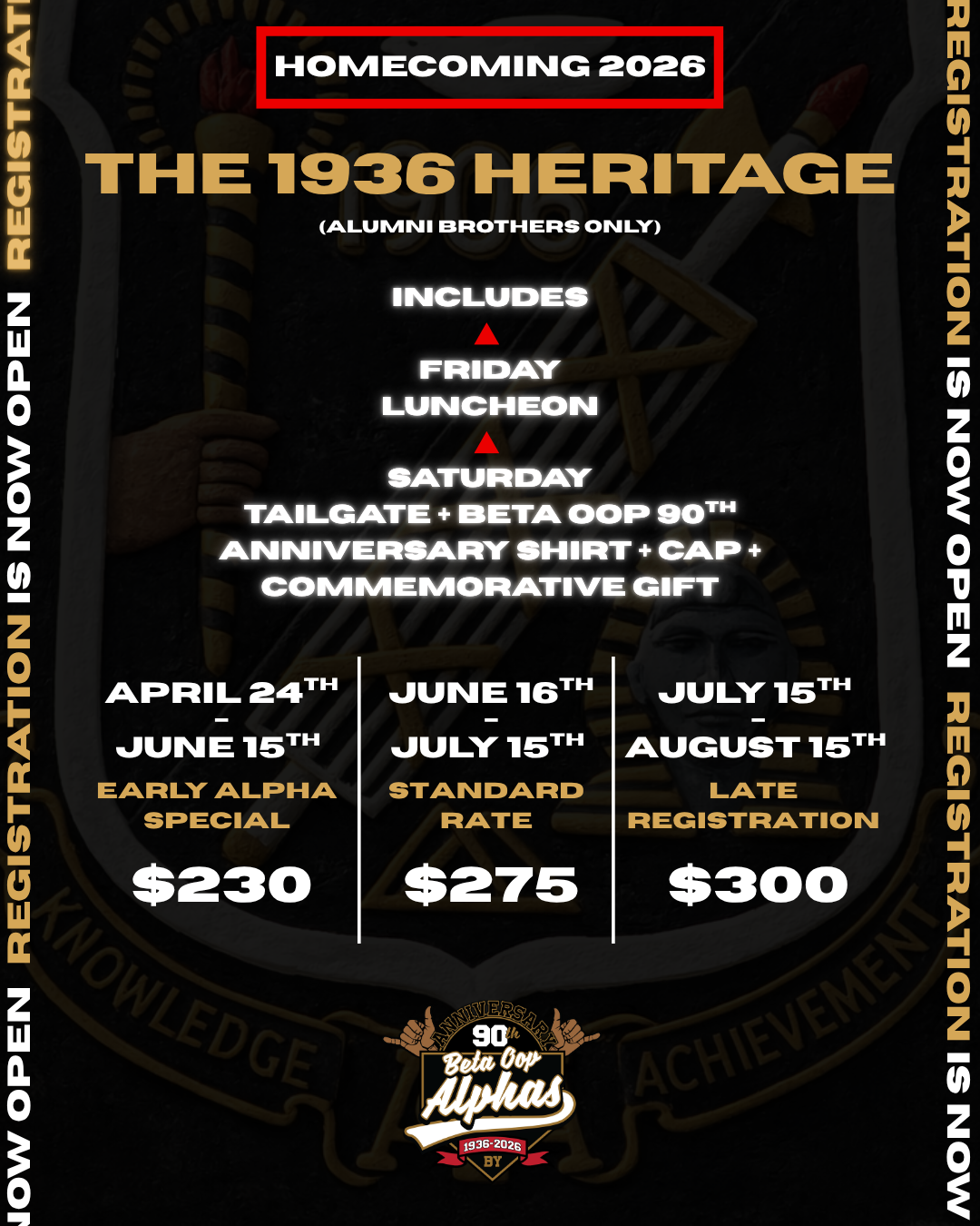 Homecoming 2026 — The 1936 Heritage registration flyer